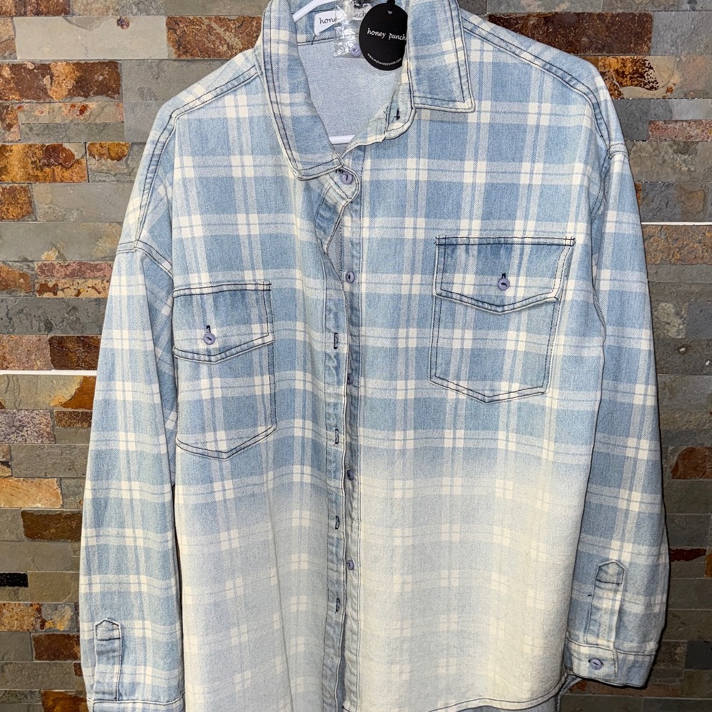 Honey Punch Sky Blue Checkered Button-Down Shirt